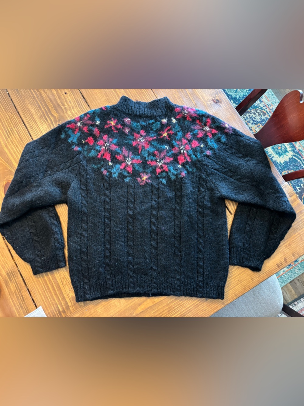Vintage L.L. Bean Black Wool Crewneck Sweater with Pink & Teal Floral Yoke
